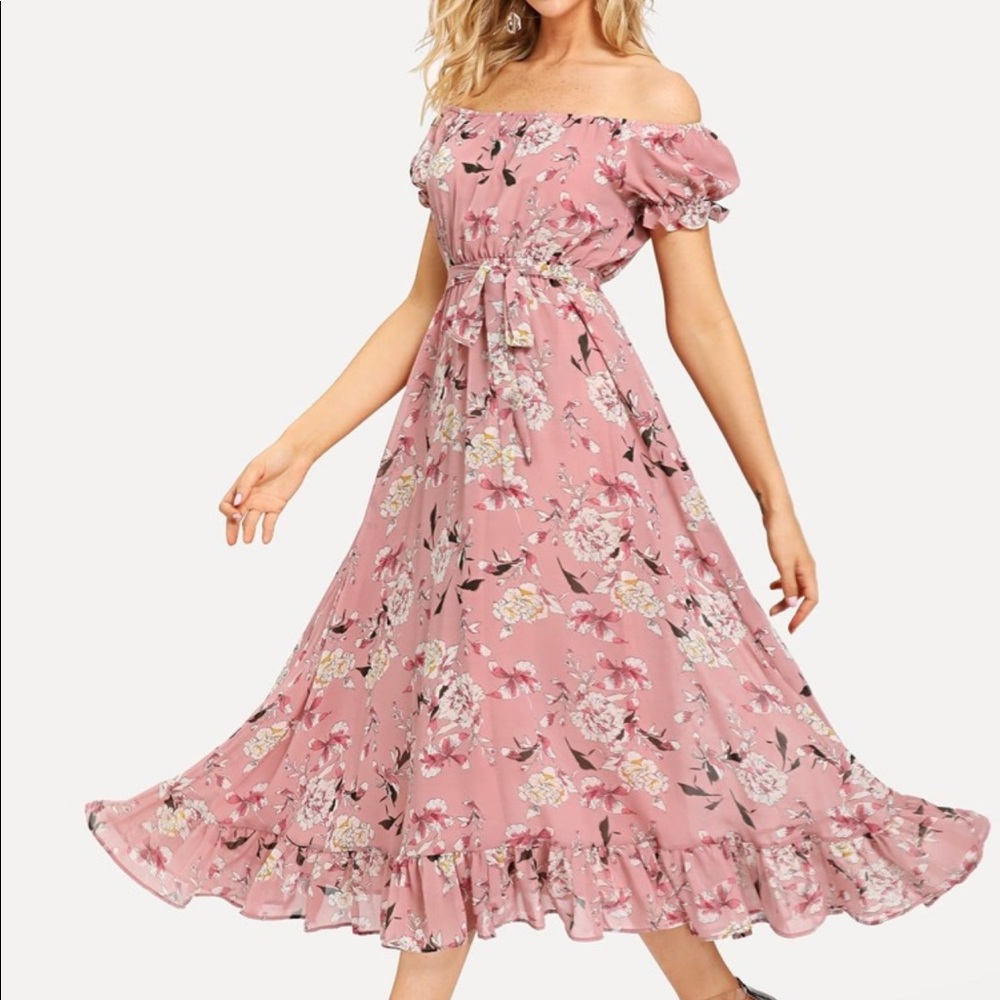 Off the Shoulder Floral Ruffle Dress